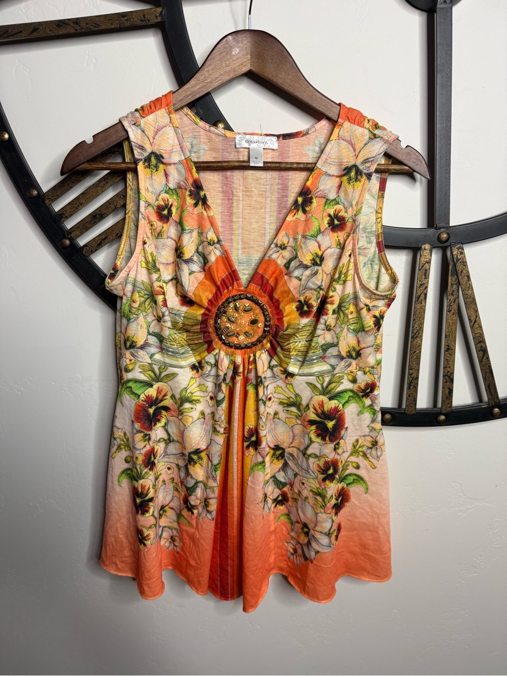 Dress Barn Orange Floral V-Neck Tank with Center Beaded Medallion